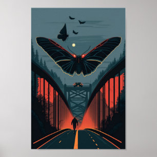 Mythical Mothman and Silver Bridge Woodcut Print