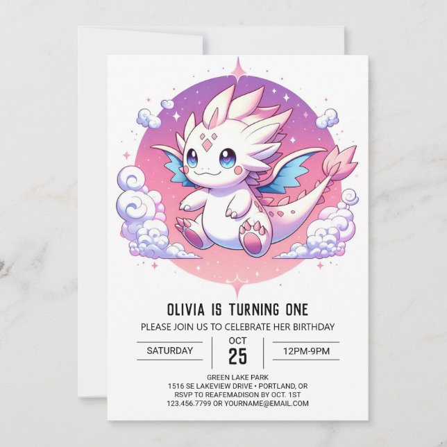 Mythical Pastel Dragon 1st Birthday Invitation (Front)