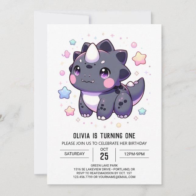 Mythical Simple Dinosaur 1st Birthday Invitation (Front)