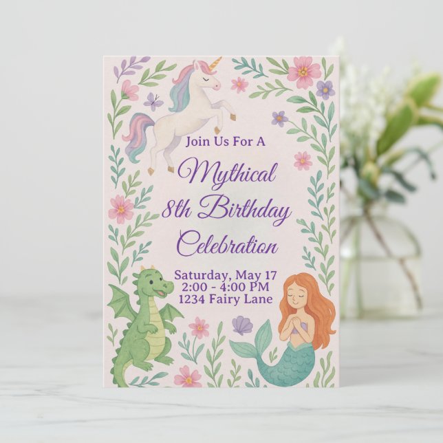 Mythical Unicorn Birthday invitation (Standing Front)