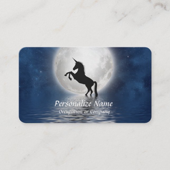 Mythical Unicorn Silhouette Full Moon Ocean Business Card (Front)