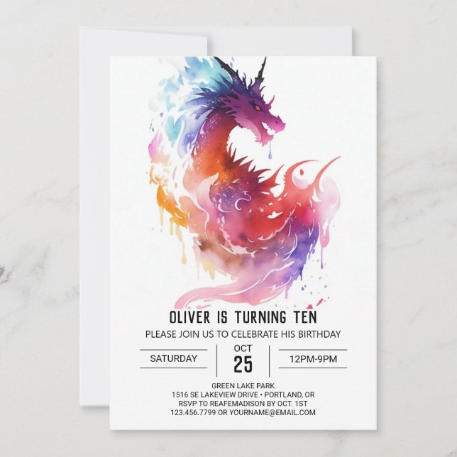 Mythical Watercolor Kids Dragon Birthday Invitation (Front)