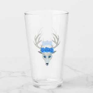 Mythical White Deer Head Antlers Blue Eyes Roses Glass