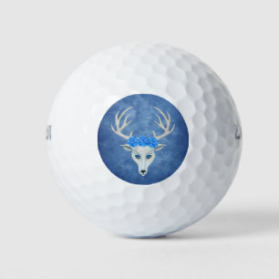 Mythical White Deer Head Antlers Blue Eyes Roses Golf Balls