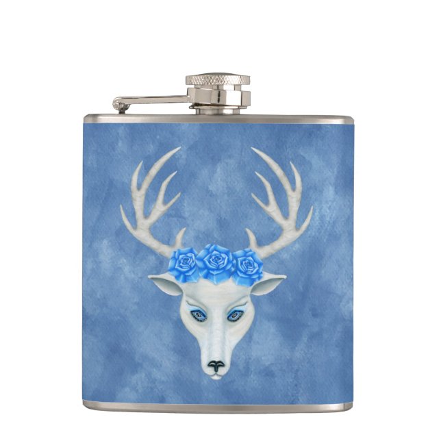 Mythical white Deer Head Antlers Face Blue roses Hip Flask (Front)
