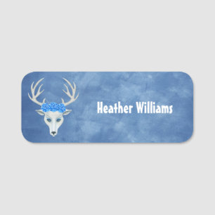 Mythical White Deer Head Antlers Roses on blue Name Tag
