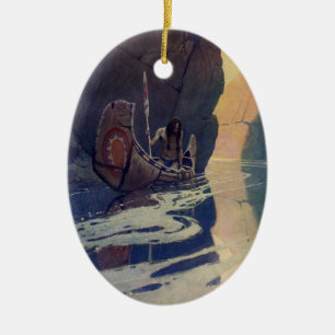 N. C. Wyeth Indian Canoe Paddling Illustration Art Ceramic Tree Decoration
