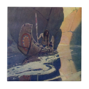 N. C. Wyeth Indian Canoe Paddling Illustration Art Tile