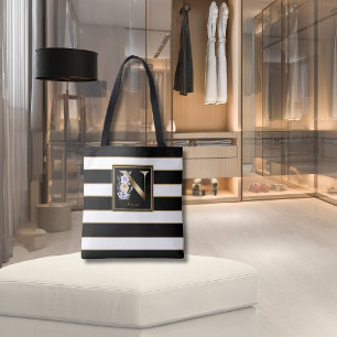 N Gold Floral Monogram   Black White Gold Stripes Tote Bag