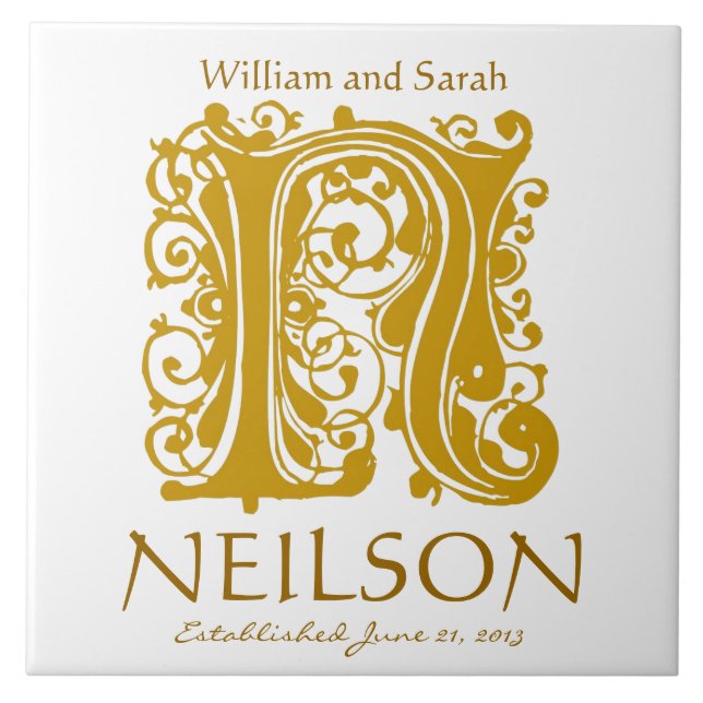 N Gold Monogram on White - Names Wedding Date Tile (Front)