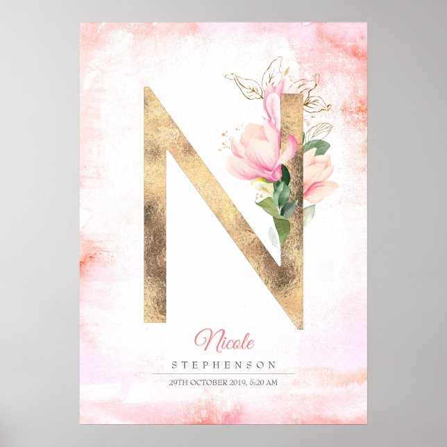 N Letter Monogram Gold Leaves Pink Magnolia Floral Poster (Front)