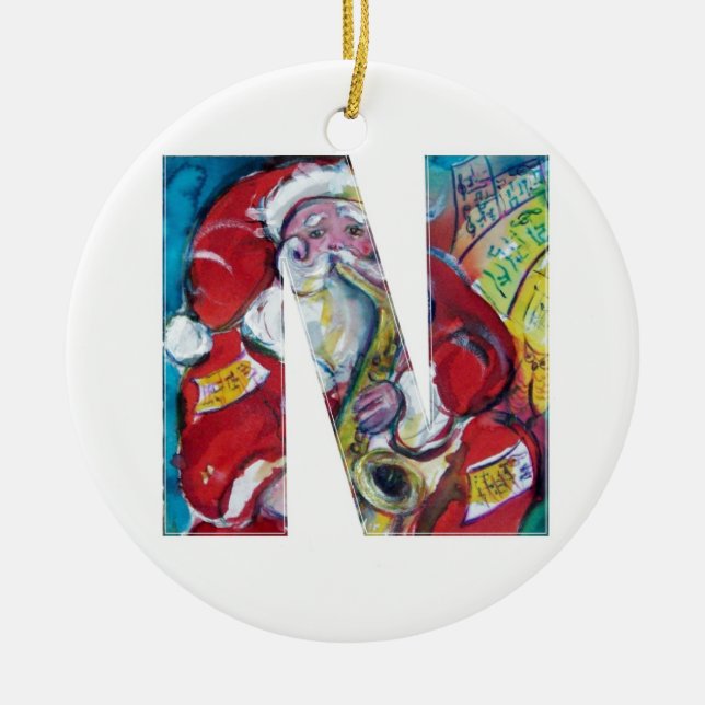 N LETTER /SANTA AND SAX, CHRISTMAS PARTY MONOGRAM CERAMIC TREE DECORATION (Front)