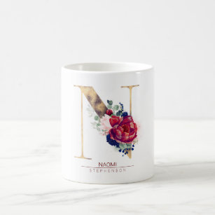 N Monogram Floral Burgundy Red and Navy Blue Coffee Mug