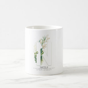 N Monogram Gold Greenery Leaves Elegant Name Coffee Mug