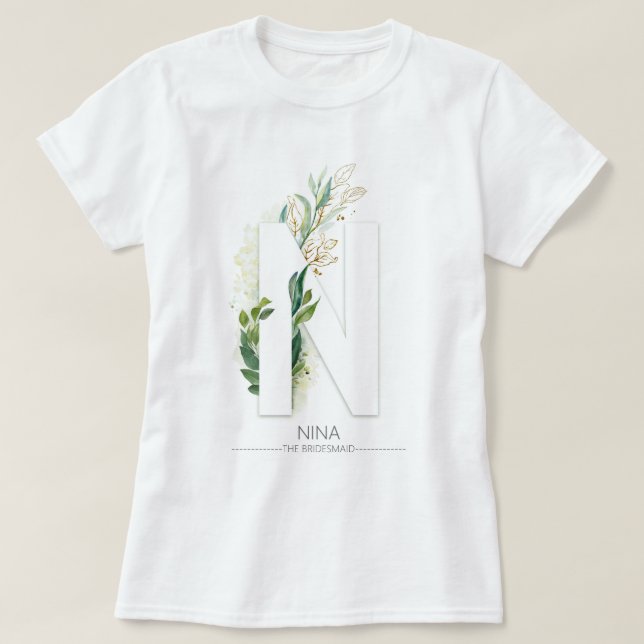 N Monogram Gold Greenery Leaves Elegant T-Shirt (Design Front)