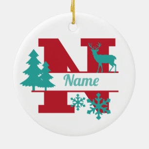 N Monogram Initial Christmas Holiday Tree Ornament