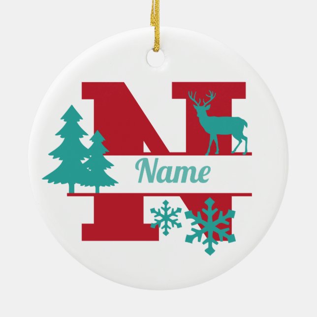 N Monogram Initial Christmas Holiday Tree Ornament (Back)