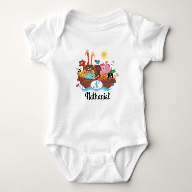 N Monogram Noah's Ark Personalised Baby T-shirt Baby Bodysuit (Front)