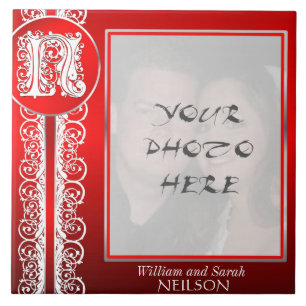 N Monogram "White Lace on Red" with Photo - Tile