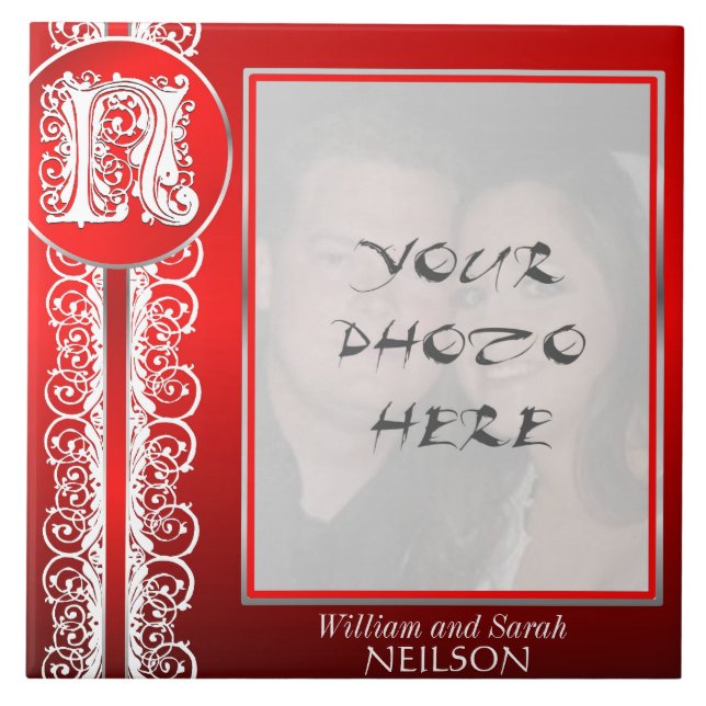 N Monogram "White Lace on Red" with Photo - Tile (Front)