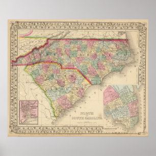 N & S Carolina Map by Mitchell Poster