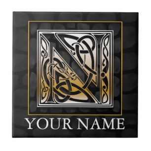 N "Your Name" Celtic Black Stone Monogram Tile
