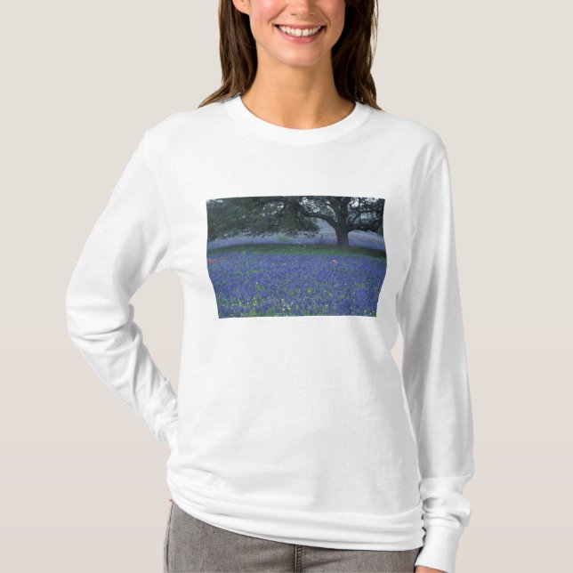 NA, Texas, Devine, Oak and blue bonnets T-Shirt (Front)