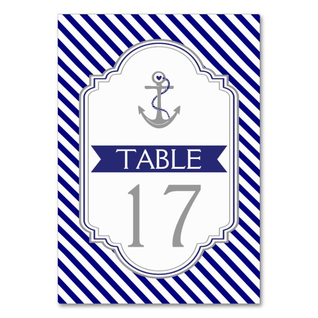 Naby blue anchor nautical wedding table number (Front)