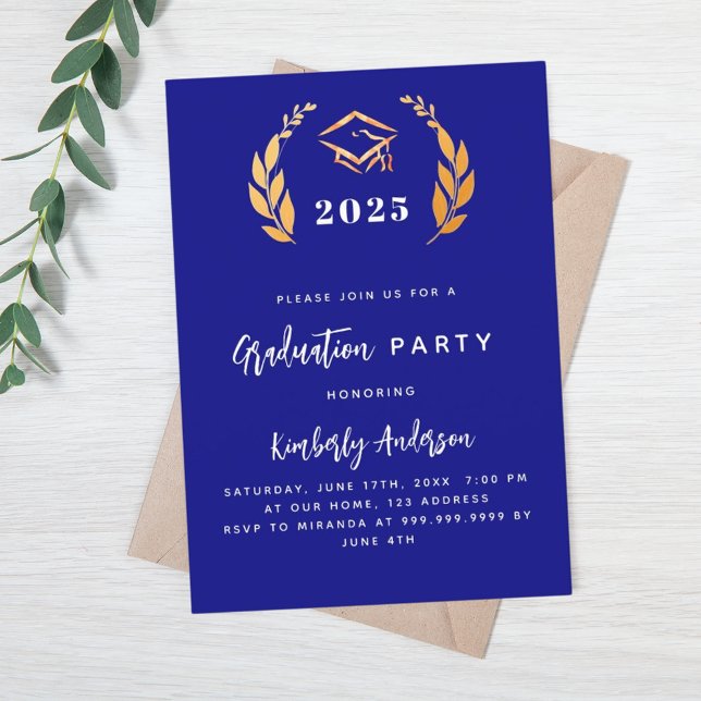 Naby blue gold laurel wreath 2025 Graduation Party Invitation (Creator Uploaded)
