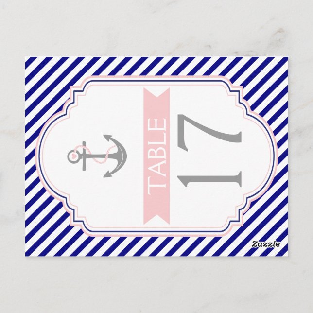 Naby blue, pink nautical wedding table number postcard (Back)