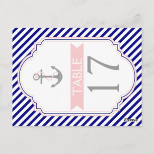 Naby blue, pink nautical wedding table number postcard