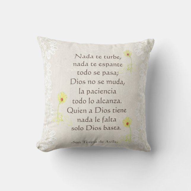 "Nada te turbe" San Teresa di Avila White on White Cushion (Front)