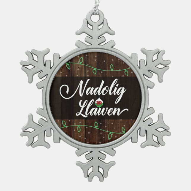 Nadolig Llawen Welsh Merry Christmas, Wales Snowflake Pewter Christmas Ornament (Front)