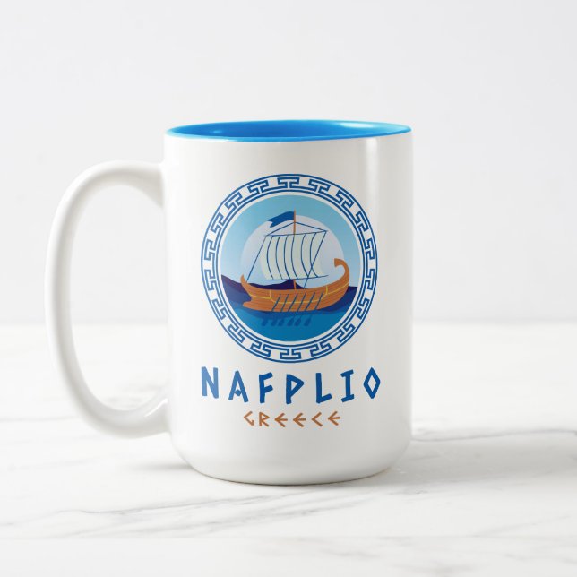 Nafplio, Greece Greek Ship Design Two-Tone Coffee Mug (Left)