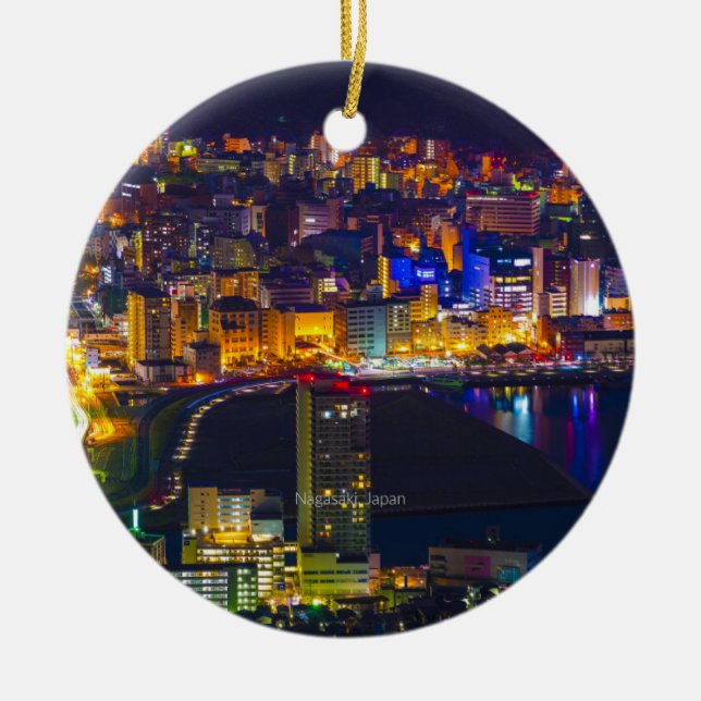 Nagasaki Japan at night Ceramic Tree Decoration (Front)