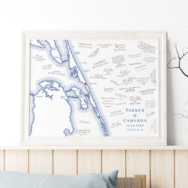 Nags Head NC Map Elegant Wedding Guest Book Poster (Nags Head NC Map Alternative Guest Book Poster for an Outer Banks Beach Wedding in elegant navy blue)