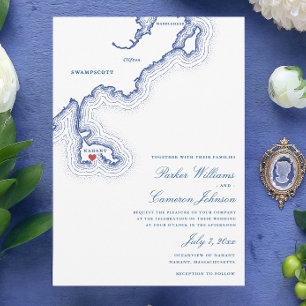 Nahant MA Map Elegant Navy Blue Wedding Invitation