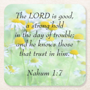 Nahum 1:7 square paper coaster