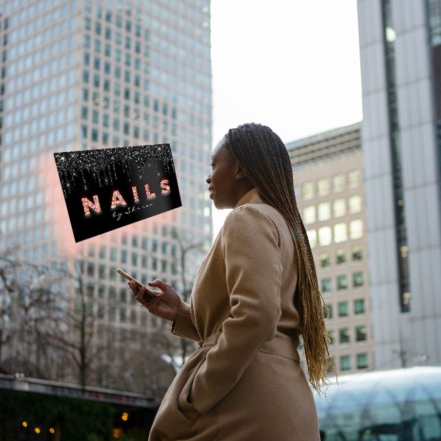 Nail Artist  Black Drips Professional Glitter Rose Business Card (Nail Artist Black Drips Professional Glitter Rose Business Card)