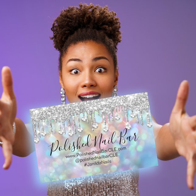 Nail Artist Blue  Holographic Diamond Silver Business Card (Nail Artist Blue Holographic Diamond Silver Business Card)