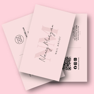 Nail Artist Blush Pink Monogram Qr Code Logo Business Card