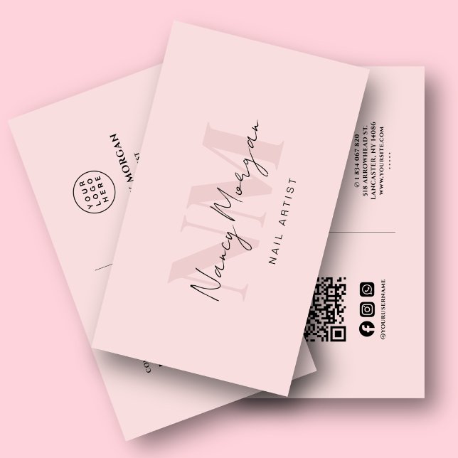Nail Artist Blush Pink Monogram Qr Code Logo Business Card (Creator Uploaded)
