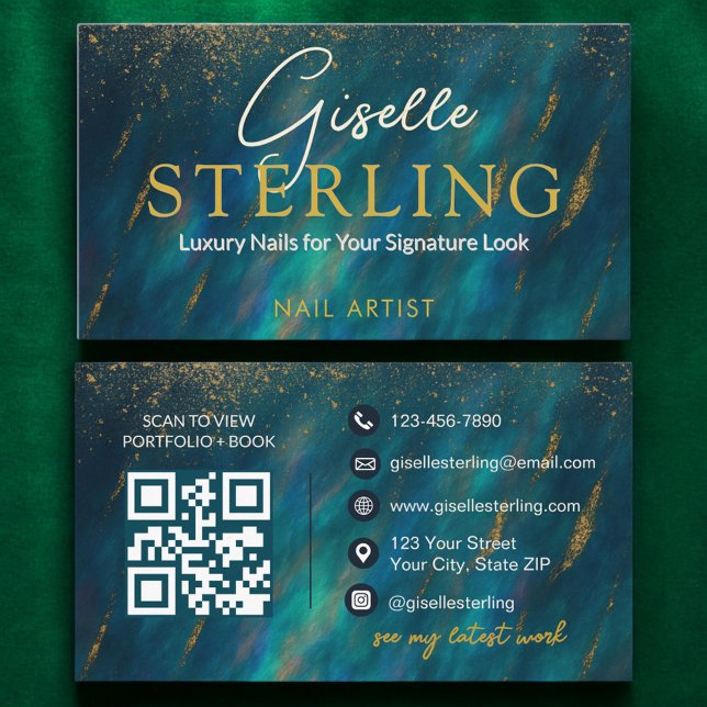 Nail Artist Dark Green Opal Stone QR Code Business Card (Creator Uploaded)