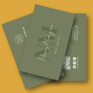 Nail Artist Dark Sage Green Monogram QR Code Logo Business Card