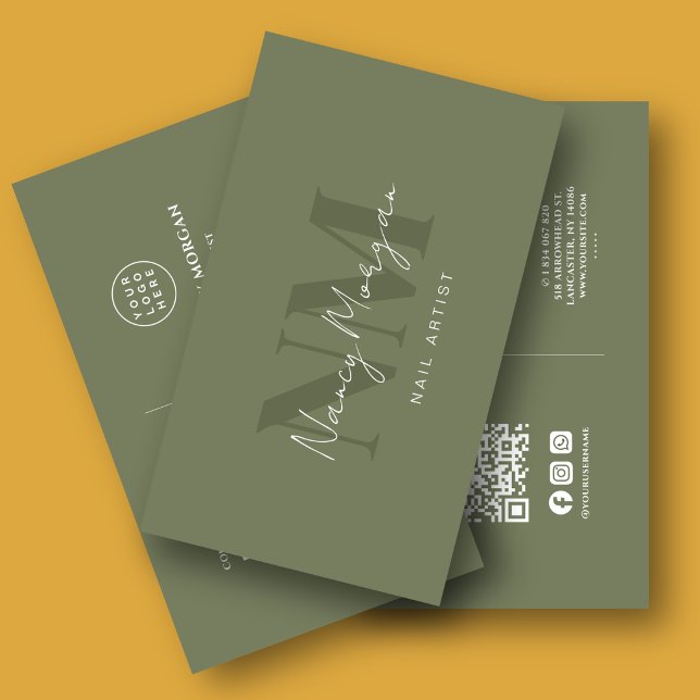 Nail Artist Dark Sage Green Monogram QR Code Logo  Business Card (Creator Uploaded)