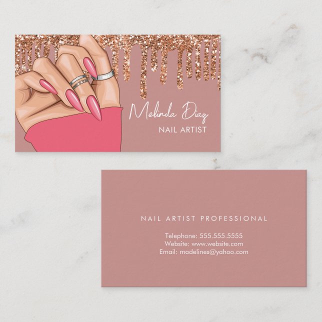 Nail Artist Designer Salon Faux Glitter Pink Nails Business Card (Front/Back)