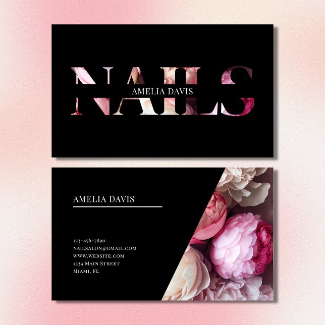 Nail Artist Elegant Floral Black Pink Manicurist  Business Card (Creator Uploaded)