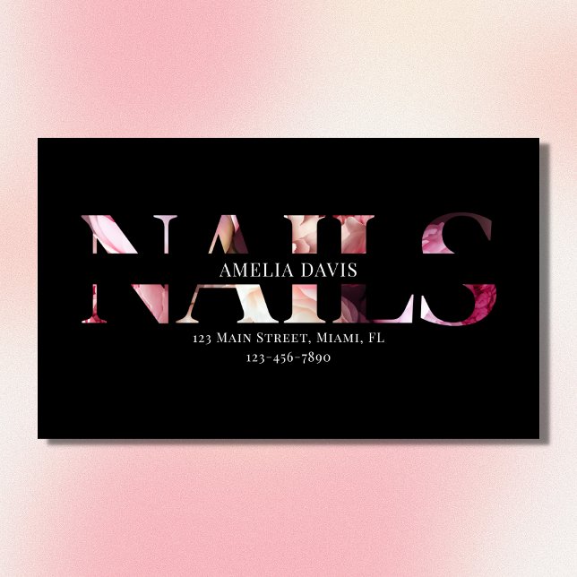 Nail Artist Elegant Floral Black Pink Manicurist  Magnetic Business Card (Creator Uploaded)