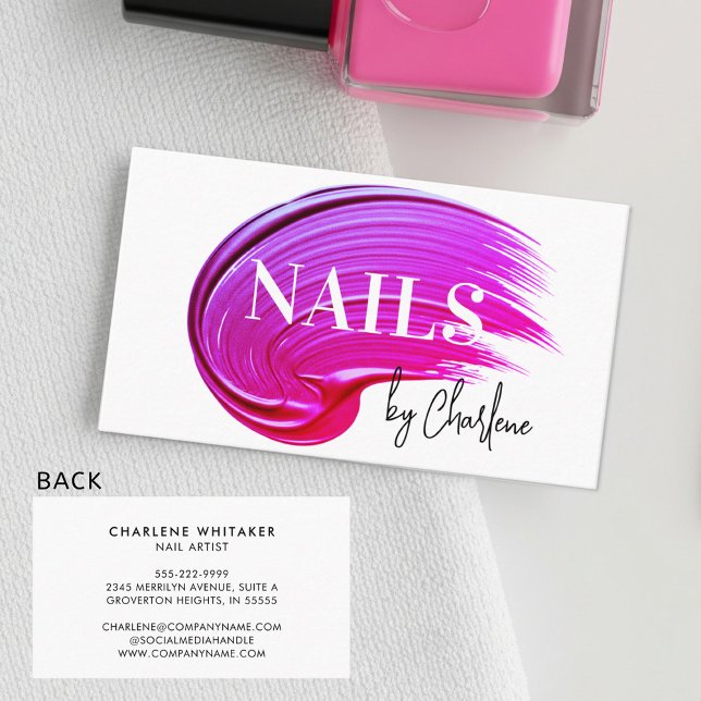 Nail Artist Modern Script Typography Pink Polish Business Card (Creator Uploaded)