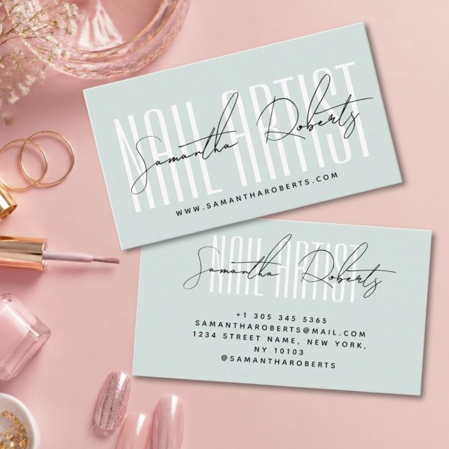 Nail artist modern typography script blue business card (Creator Uploaded)